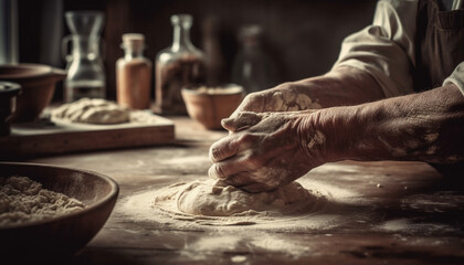 Fototapeta na wymiar One person kneading homemade dough on wooden table indoors generated by AI