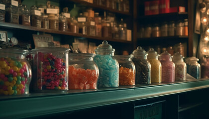 Fototapeta na wymiar A bright, multi colored candy jar on a shelf in a store generated by AI