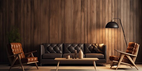 Modern living room with wooden background wall.