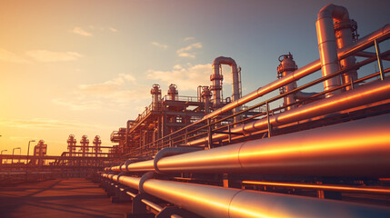 Sunset Backdrop for Petroleum Factory's Pipeline and Pipe Rack.
