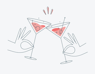 Hand holding cosmopolitan and manhattan cocktails clinking glasses drawing in flat line style
