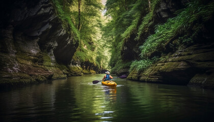 Two people paddle a canoe through tranquil mountain waters generated by AI