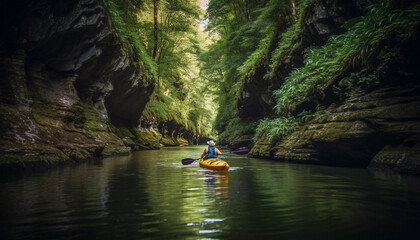 Two people paddle a canoe through tranquil mountain waters generated by AI
