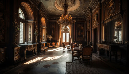 Abandoned baroque chapel, no people praying, dark interior, marble monument generated by AI