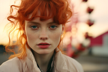 Portrait of a young woman model in 1980's Miami or similar east coast location. Evoking paparazzi and glamour of nightlife in the disco era.