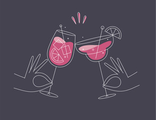 Hand holding margarita and sprits cocktails clinking glasses drawing in flat line style on dark blue background