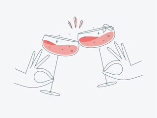 Hand holding daiquiri cocktails clinking glasses drawing in flat line style