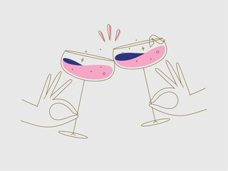 Hand holding daiquiri cocktails clinking glasses drawing in flat line style on beige background