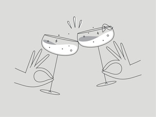 Hand holding daiquiri cocktails clinking glasses drawing in flat line style on grey background