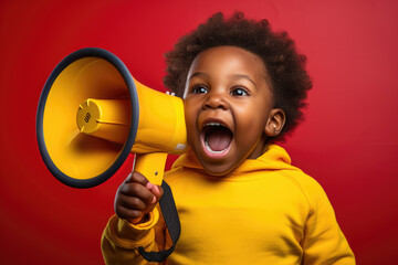 Child shouting into megaphone: African American child with an Afro hairstyle, eyes and mouth wide open, passionately screaming into a yellow megaphone on a red background. - obrazy, fototapety, plakaty