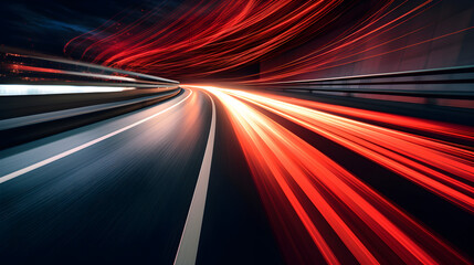  Dynamic perspective of a highway at night, characterized by striking red and white light trails that convey high speed and motion in an urban setting.