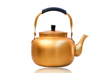 Gold metal kettle on white background. Teapot.