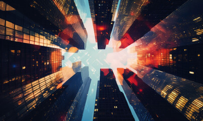 Kaleidoscopic view of skyscrapers, blending urban architecture with artistic flair.