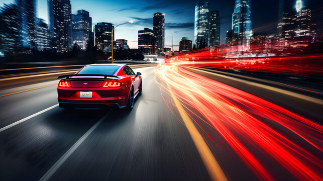A dynamic shot of a red sports car speeding through a city at night, with blurred lights creating a sense of rapid movement and urban energy.