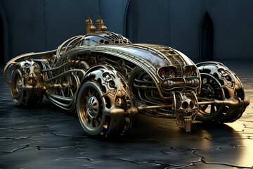 Surreal car of metallic bones, biomechanical vehicle, crazy post-apocalyptic automobile, digital artwork. Generative AI