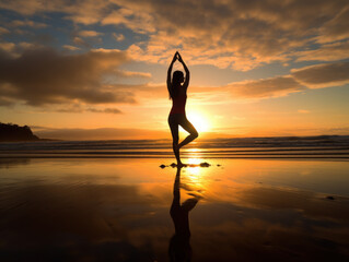 Silhouette of an athletic woman doing yoga at beach at sunrise with water reflection