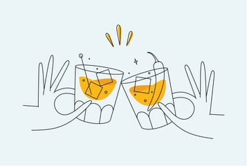 Hand holding whiskey and old fashioned cocktails clinking glasses drawing in flat line style on light background