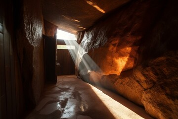 Bright underground dwelling illuminated by sunlight streaming through an opening. Generative AI