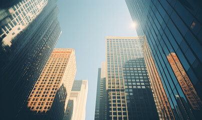 Fototapeta na wymiar Top-down view of modern skyscrapers, captured on 35mm film. The urban landscape.