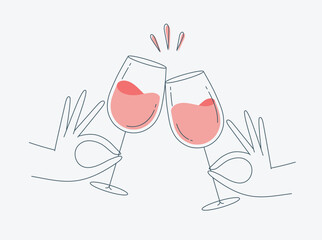 Hand holding wine clinking glasses drawing in flat line style