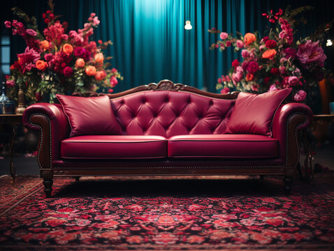 red sofa with flowers UHD wallpaper Stock Photographic Image