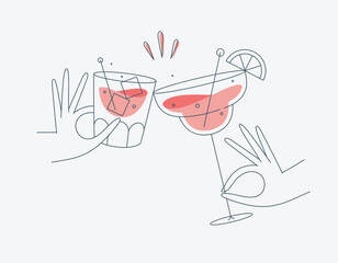 Hand holding whiskey and margarita cocktails clinking glasses drawing in flat line style on beige background