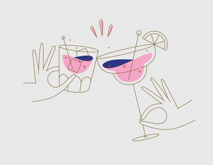 Hand holding whiskey and margarita cocktails clinking glasses drawing in flat line style on beige background