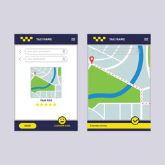 Call a taxi online, mobile application. UI, UX, KIT Application. Online mobile application order taxi service in flat style. GUI screens including sign In, cab booking, map navigation.