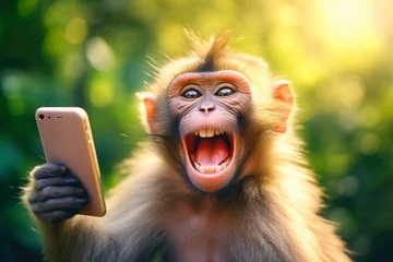 Schilderijen op glas Funny monkey taking a selfie with smartphone, green sunny background. Generative AI © SergeyIT