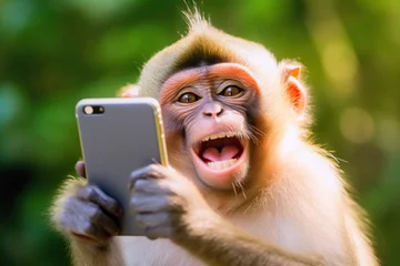 Rolgordijnen Happy monkey with new smartphone, green sunny background. Generative AI © SergeyIT