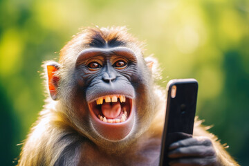 Smiling monkey taking a selfie with smartphone, green sunny background. Generative AI - 646027689