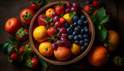 Naklejka na ściany i meble Rustic fruit bowl showcases juicy, ripe, organic berries and citrus generated by AI