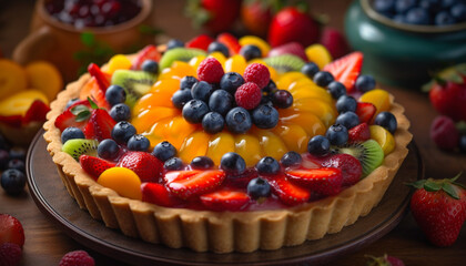 A homemade berry tart, baked with fresh fruit and cream generated by AI