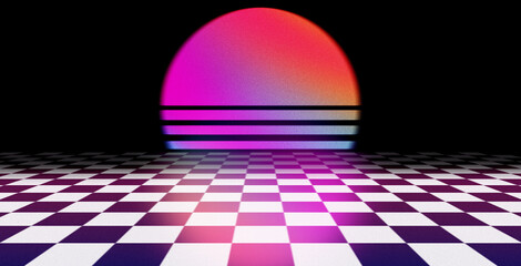 Vaporwave landscape with retro sunset, sun and checked floor. 80s or 90s style aesthetic art poster...