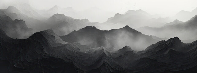 panorama of the majestic mountain range in monochrome beauty, black and white background, graphic concept with shape of valley, dark visual art, landscape with fog, panorama wallpaper, AI - obrazy, fototapety, plakaty