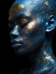 An artistic portrait of an African woman with expressive blue and gold body paint, showcasing make-up artistry