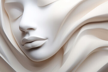 A close-up portrait of a woman with smooth, surreal features, resembling an art sculpture in marble