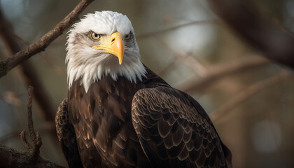 Obraz premium The majestic bald eagle perching on a branch, looking patriotic generated by AI