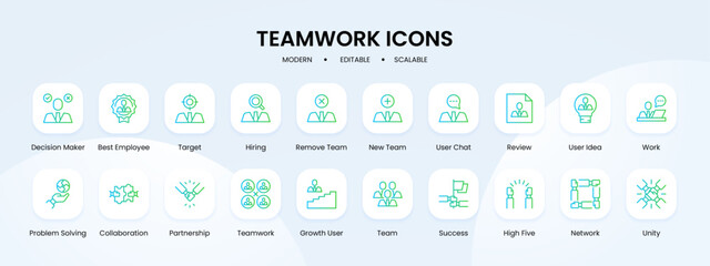 Teamwork icon collection with blue and green gradient outline style. teamwork, icon, business, set, team, management, work. Vector Illustration