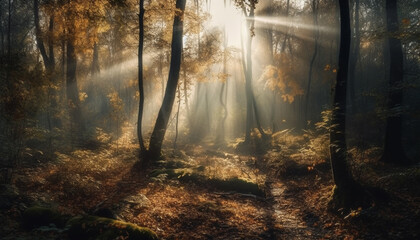 A spooky autumn dawn, mystery in nature tranquil wilderness scene generated by AI