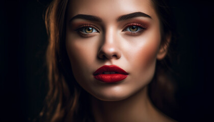 Fototapeta premium Beautiful woman with long, shiny blond hair and red lipstick generated by AI