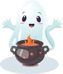 Spooky Halloween Scene with Ghost and Witch's Cauldron - Vector Illustration