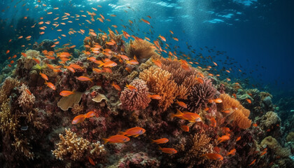 Fototapeta na wymiar Swimming with a school of multi colored fish in Caribbean reef generated by AI