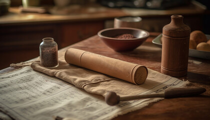 Fresh homemade dough rolled out on rustic wooden table generated by AI
