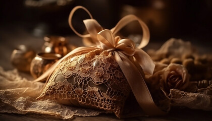 Rustic wooden table adorned with ornate gold decorations and packages generated by AI