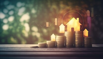 Money coin stack growing graph with house bokeh background, investment concept.Business Finance and Save Money concept