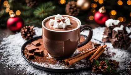 Abwaschbare Fototapete Hot Chocolate Cacao Cocoa Brown Cup with Whipped Cream on Black Plate with Chocolate Pieces, Cinnamon Sticks, Snow and Christmas Winter Decorations Festive Background Bokeh Light Backdrop Menu Banner  © Patrycja