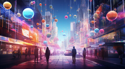 a neon city view where gravity is melting over bubbles and a person