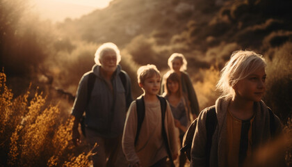 A happy family hiking in the forest, enjoying nature together generated by AI