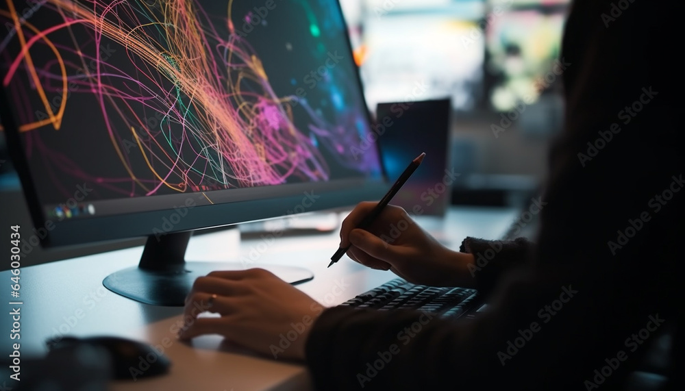Aufkleber expert programmer works late, using creativity and technology indoors generated by ai